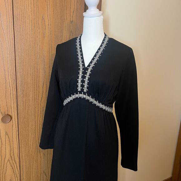 Vtg 70s Black Maxi Dress Embellished Empire Waist Witchy Whimsigoth Wednesday - Picture 2 of 11